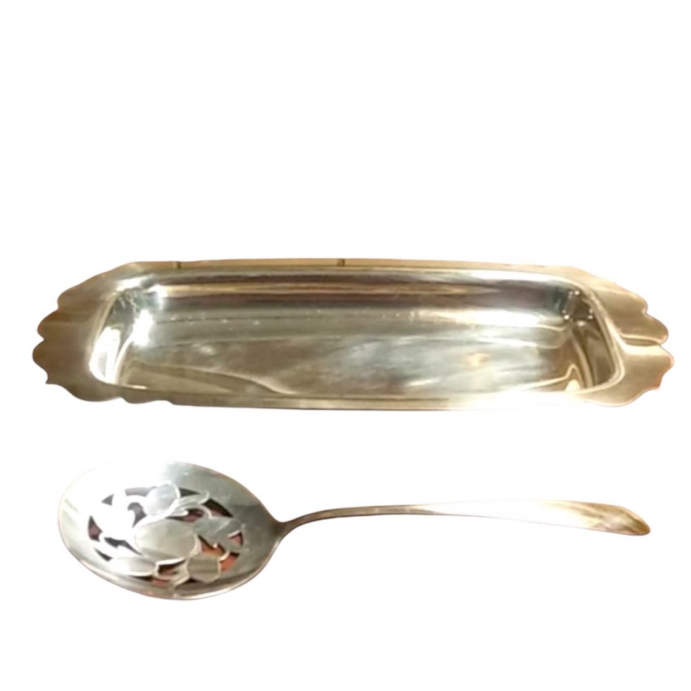 Silver Plated Oblong Tray & Slotted Spoon